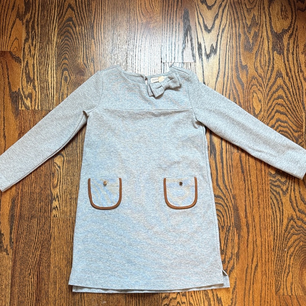 Girls' Long-Sleeve Grey Bow Pocket Dress